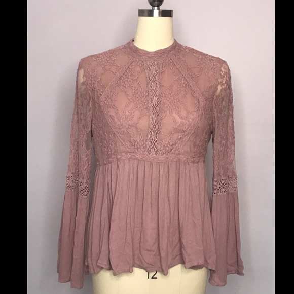Pink lacy high neck top. - Picture 1 of 5